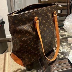 Auth LOUIS VUITTON Brown Monogram Coated Canvas & Vachetta Leather Cabas Mezzo